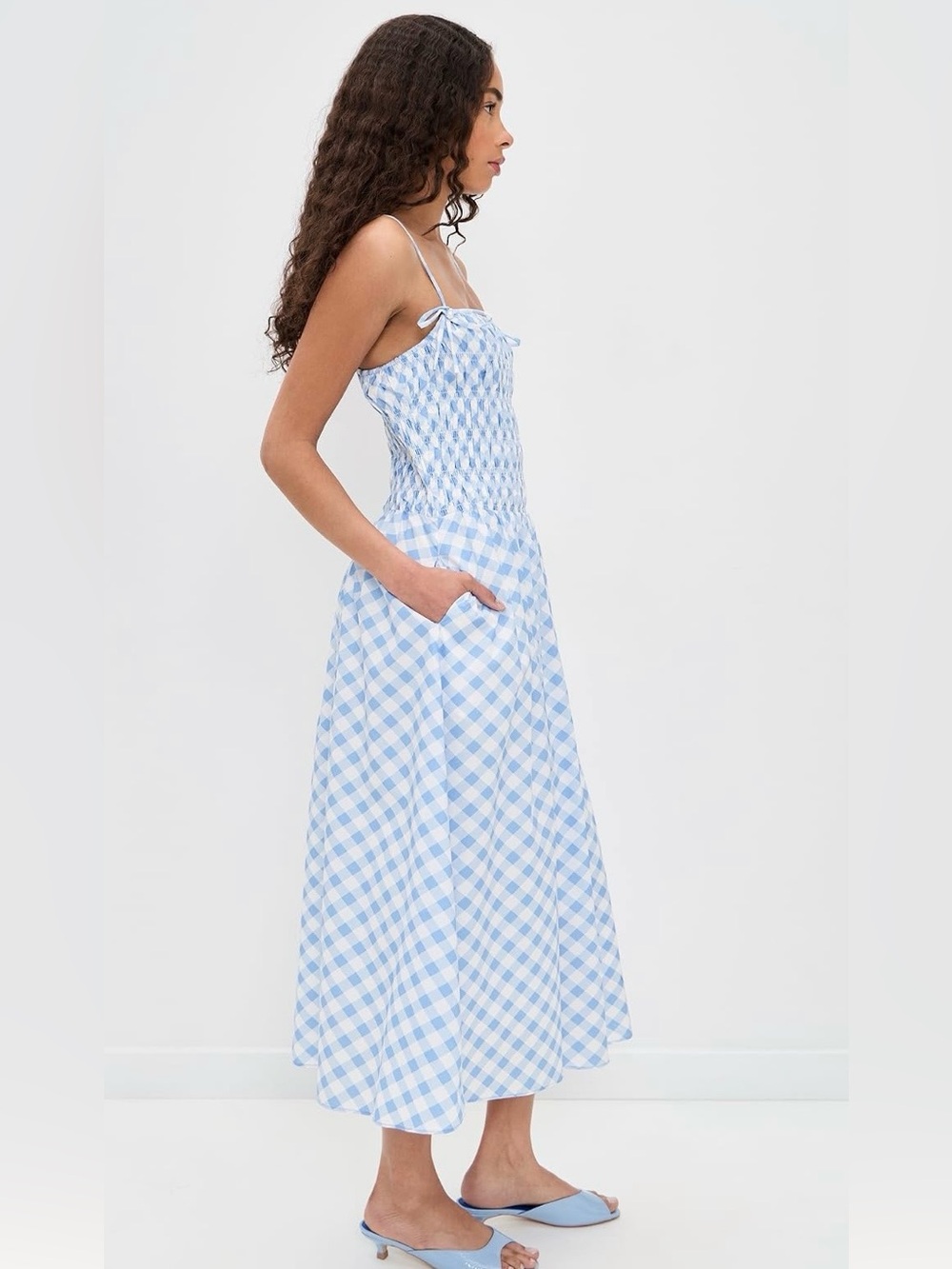 English Factory Light Blue Gingham Smocked Midi Dress, size Medium